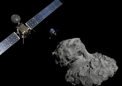 Rosetta probe next to comet 67P/Churyumov-Gerasimenko, and our electronics (STR EU & NAVCAM EU)